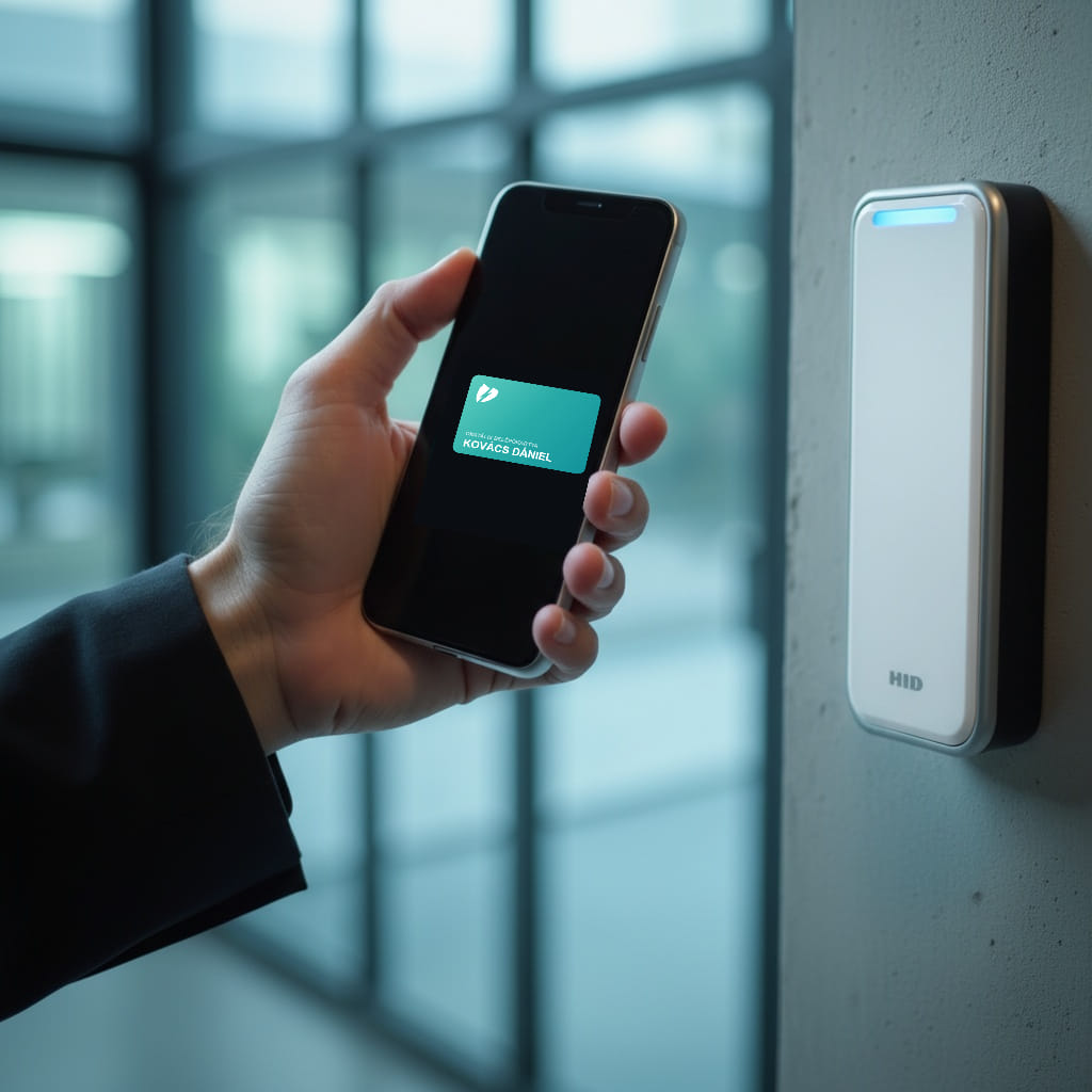 Telefonon megjelenő digitális belépőkártya egy HID Signo beléptető olvasónál